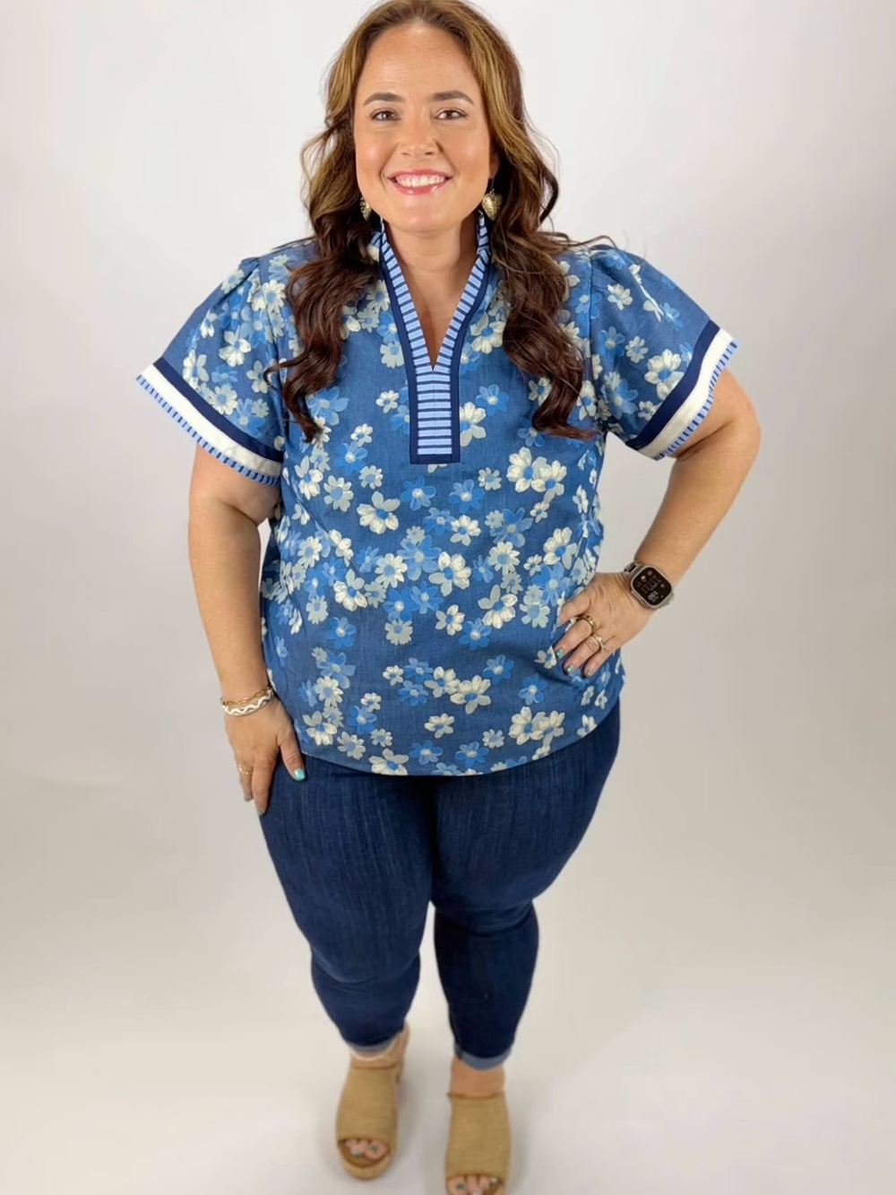 Umgee Blue Floral Split V-Neck Tunic with Striped Trim